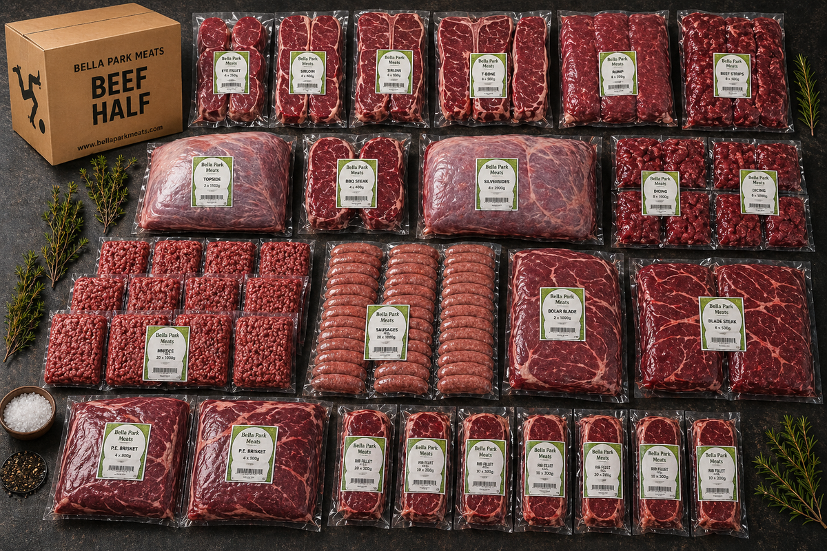 Half beef cuts display from Bella Park Meats, Toowoomba